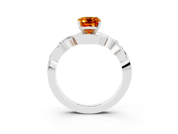 Platinum Emerald Cut Citrine Solitaire Ring with Twisted Band and Prong Setting