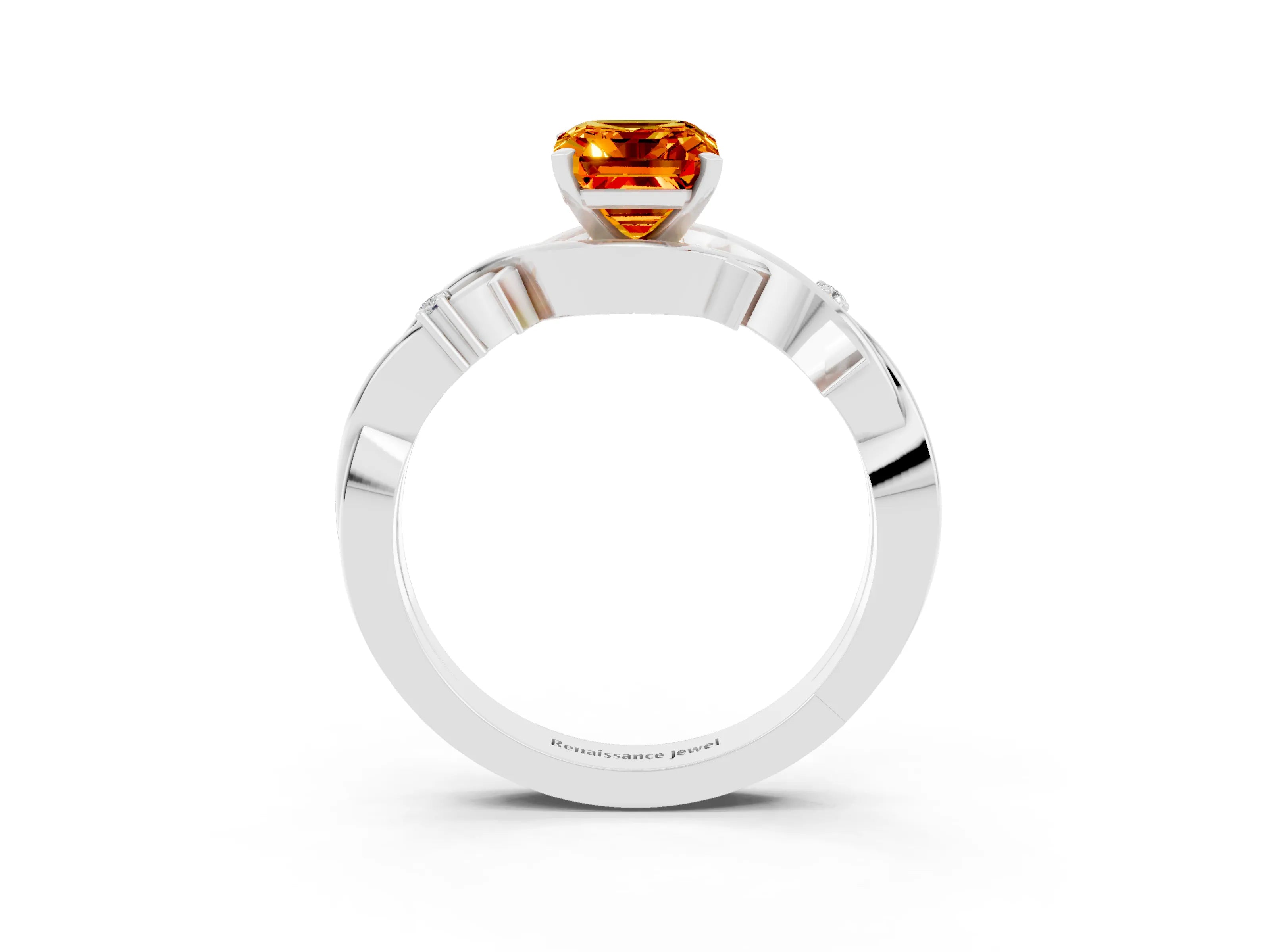 White gold Emerald Cut Citrine Solitaire Ring with Twisted Band and Prong Setting_3