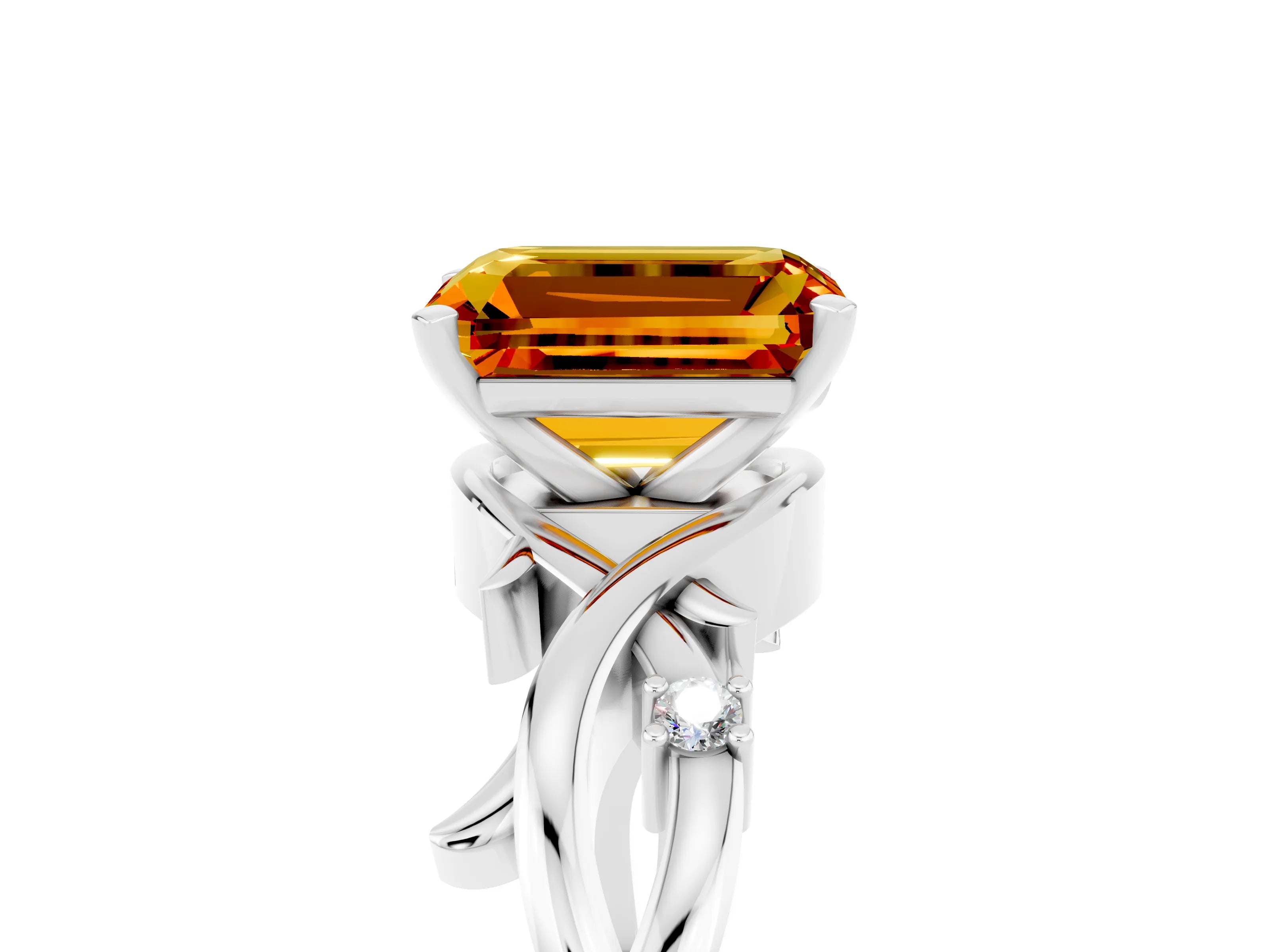 White gold Emerald Cut Citrine Solitaire Ring with Twisted Band and Prong Setting_5