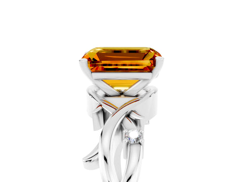 White gold Emerald Cut Citrine Solitaire Ring with Twisted Band and Prong Setting_5