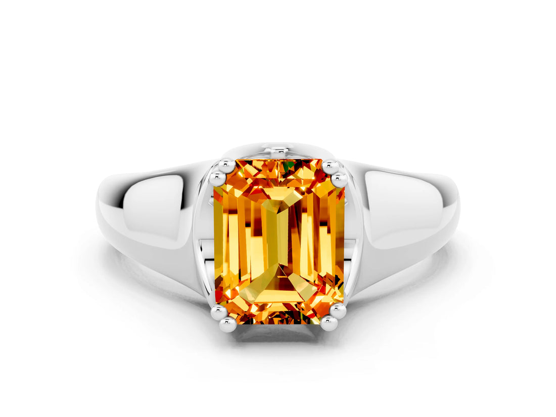 White gold Emerald Cut Citrine Solitaire Ring with Wide Band and Prong Setting
