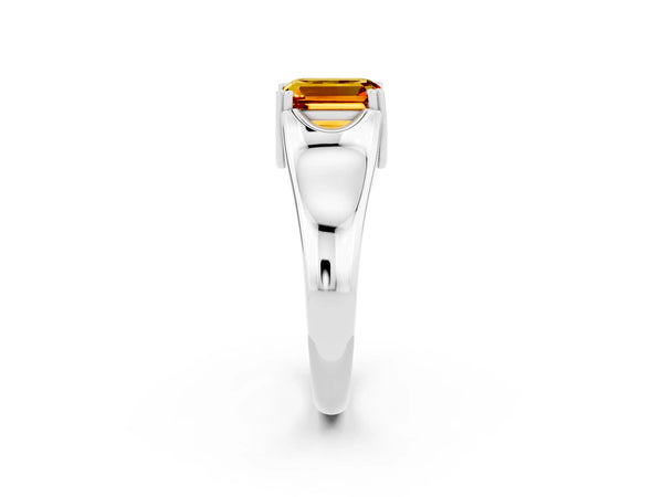 Silver Emerald Cut Citrine Solitaire Ring with Wide Band and Prong Setting