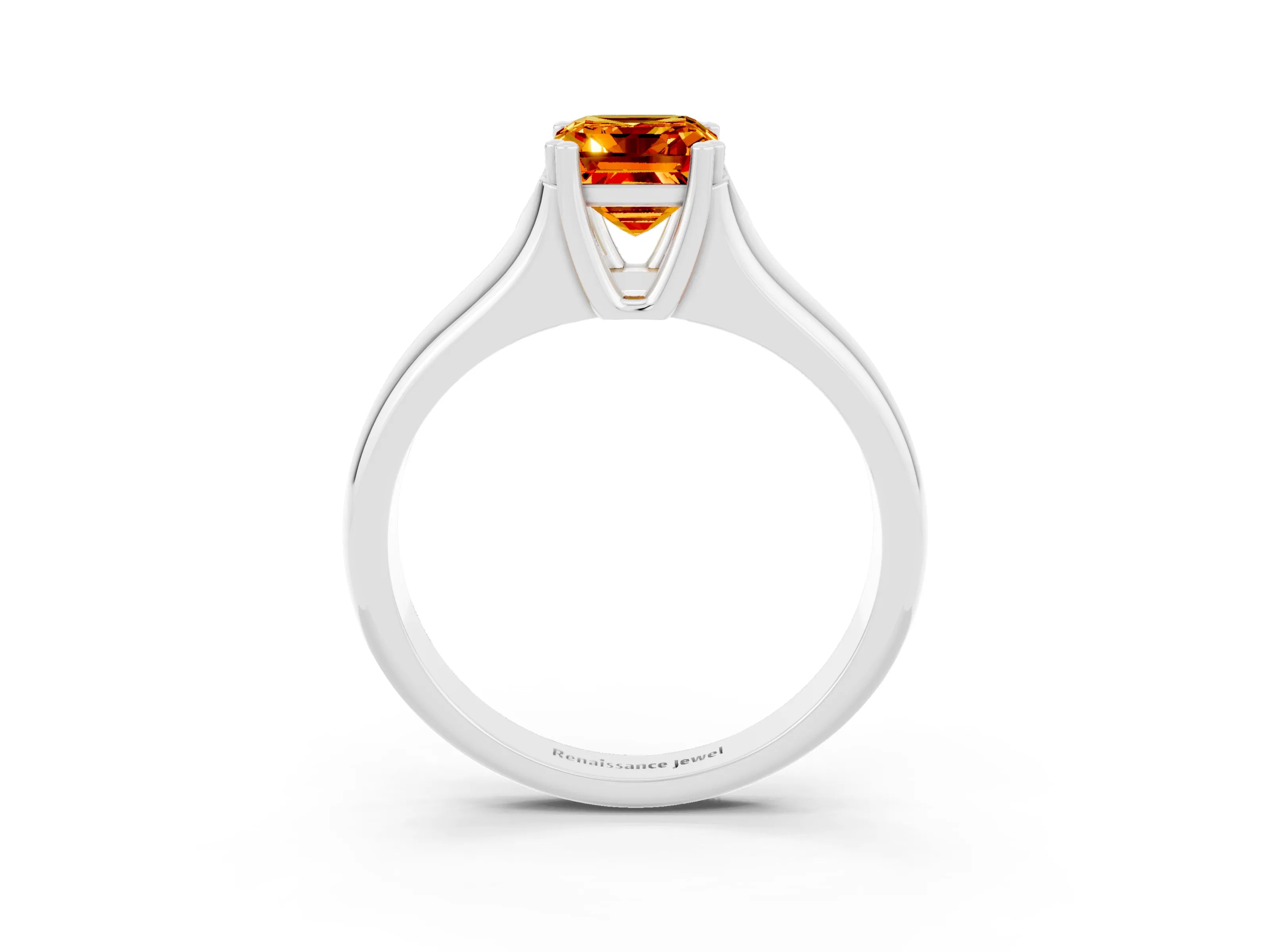 White gold Emerald Cut Citrine Solitaire Ring with Wide Band and Prong Setting_3