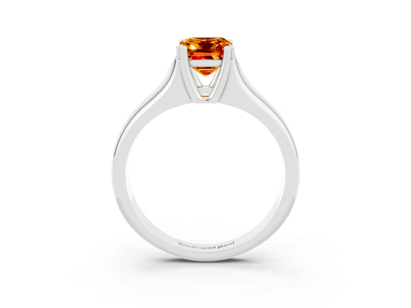 Silver Emerald Cut Citrine Solitaire Ring with Wide Band and Prong Setting