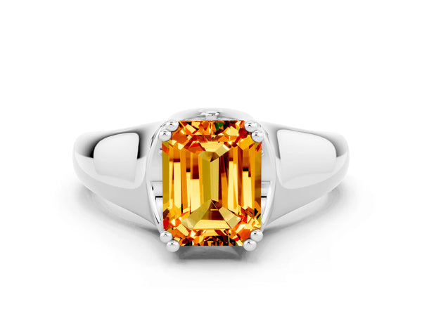 Silver Emerald Cut Citrine Solitaire Ring with Wide Band and Prong Setting