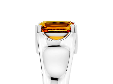 White gold Emerald Cut Citrine Solitaire Ring with Wide Band and Prong Setting_5