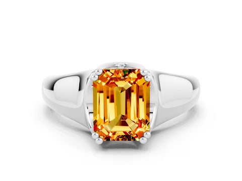 White gold Emerald Cut Citrine Solitaire Ring with Wide Band and Prong Setting