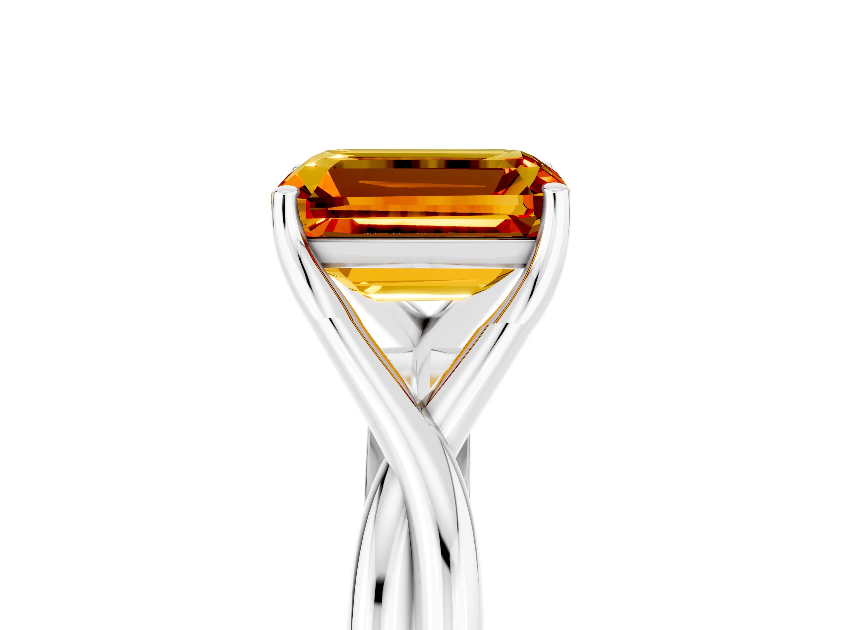 White gold Emerald Cut Citrine Solitaire Twist Band Prong Setting Ring_59