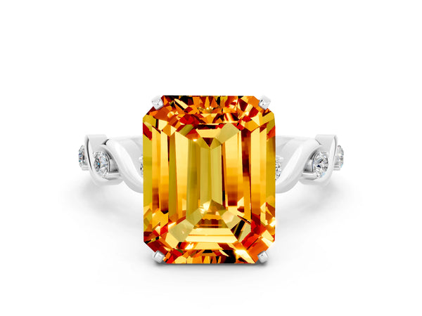 Platinum Emerald Cut Citrine Solitaire Twisted Band with Round  Accents and Prong Setting