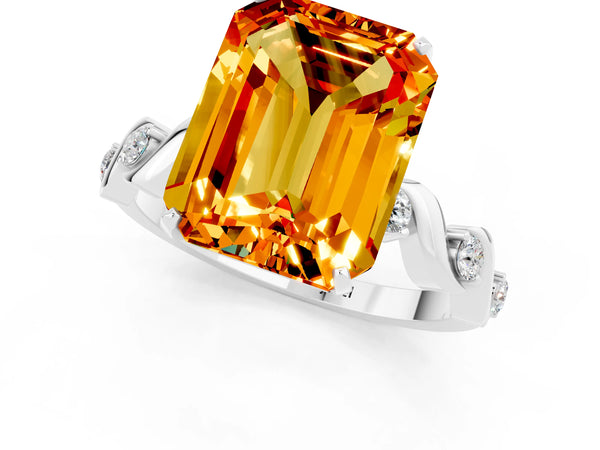 White gold Emerald Cut Citrine Solitaire Twisted Band with Round  Accents and Prong Setting