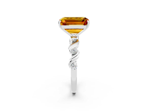 Silver Emerald Cut Citrine Solitaire Twisted Band with Round  Accents and Prong Setting