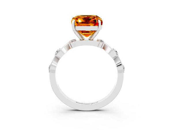 Silver Emerald Cut Citrine Solitaire Twisted Band with Round  Accents and Prong Setting