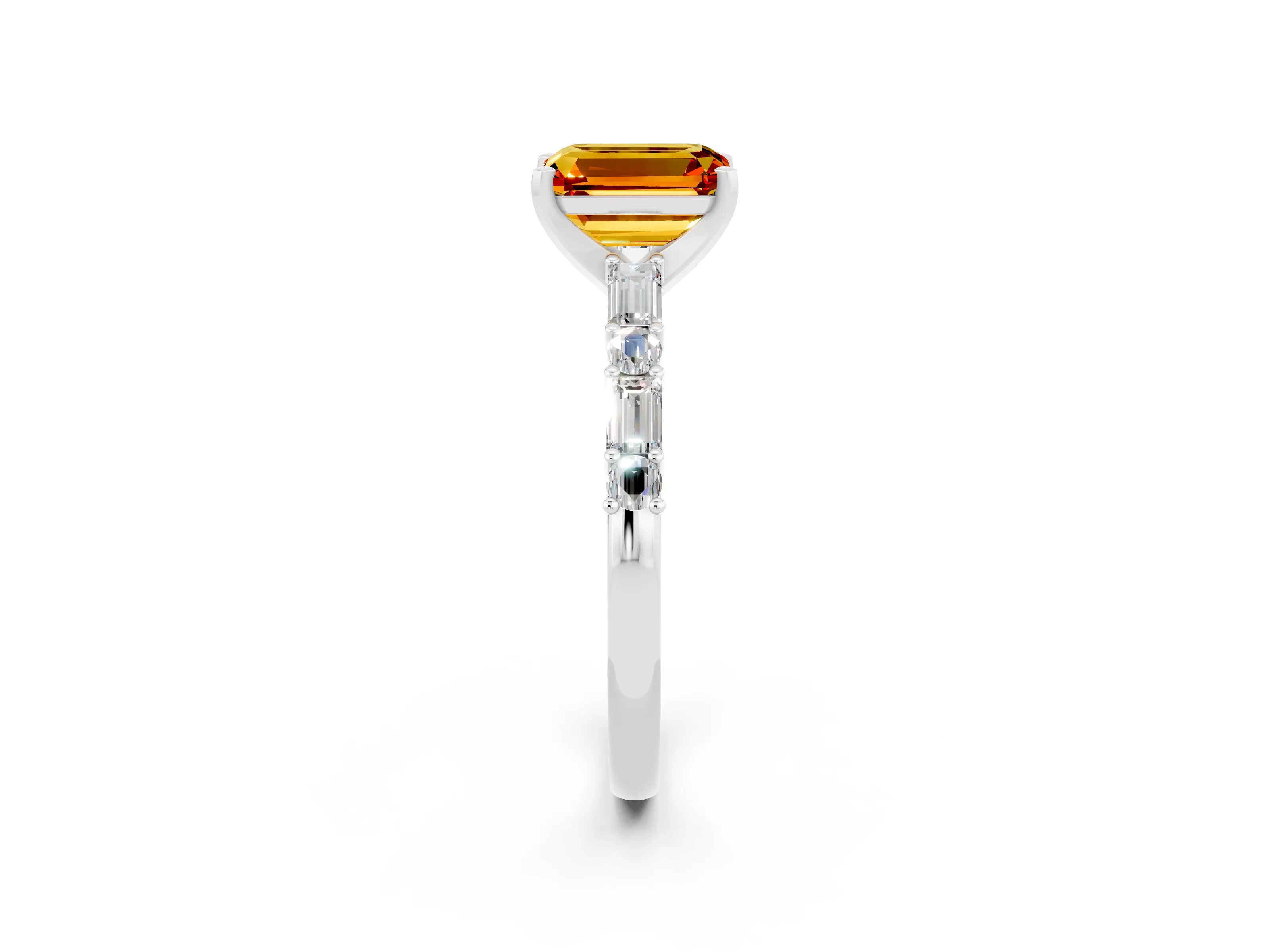 White gold Emerald Cut Citrine Solitaire with Side Baguettes and Channel Set Band_2