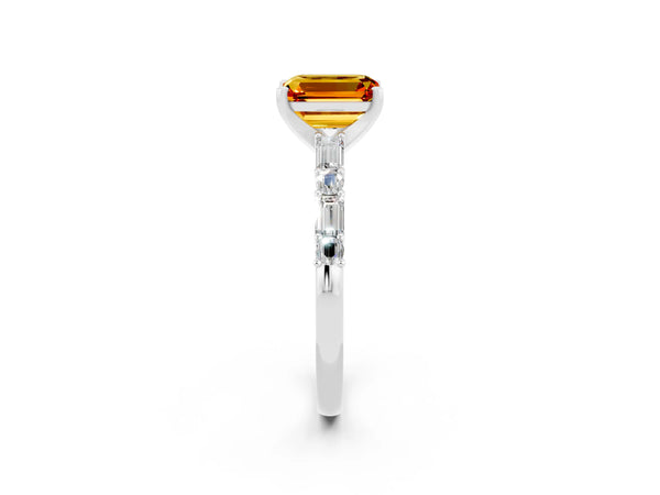 Platinum Emerald Cut Citrine Solitaire with Side Baguettes and Channel Set Band