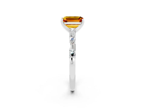 White gold Emerald Cut Citrine Solitaire with Side Baguettes and Channel Set Band_2