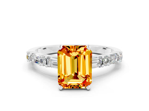 White gold Emerald Cut Citrine Solitaire with Side Baguettes and Channel Set Band