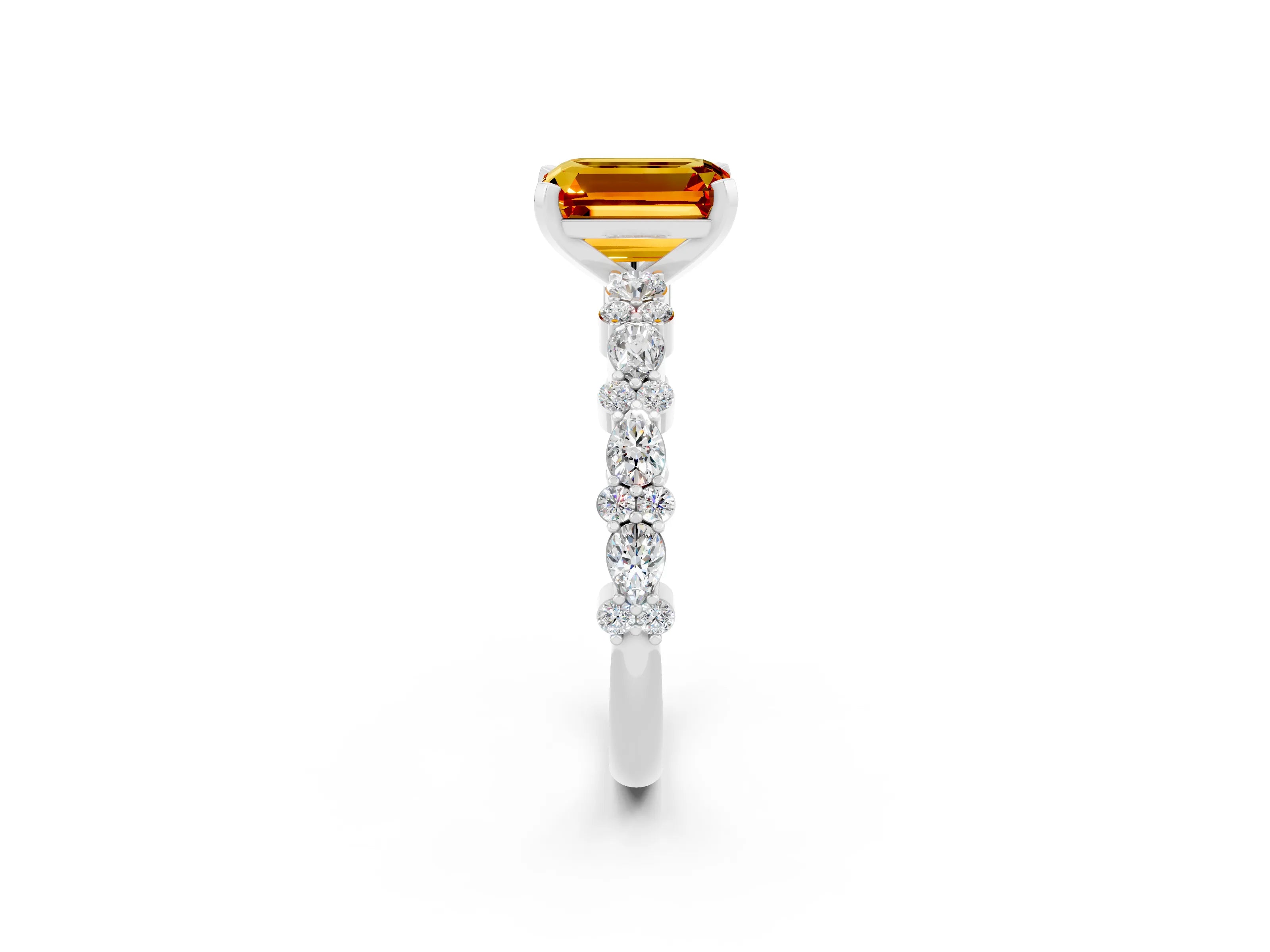 White gold Emerald Cut Citrine Solitaire with Side Stones, Pave Band, Four-Prong Setting_50