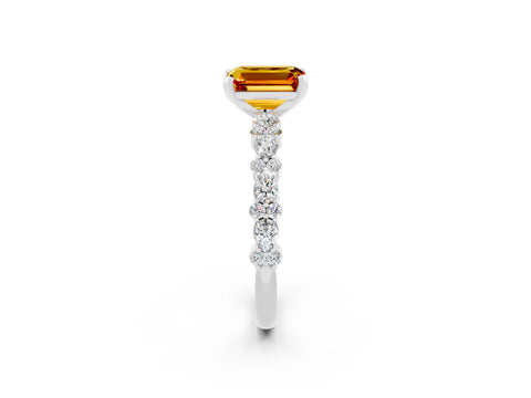 White gold Emerald Cut Citrine Solitaire with Side Stones, Pave Band, Four-Prong Setting_50