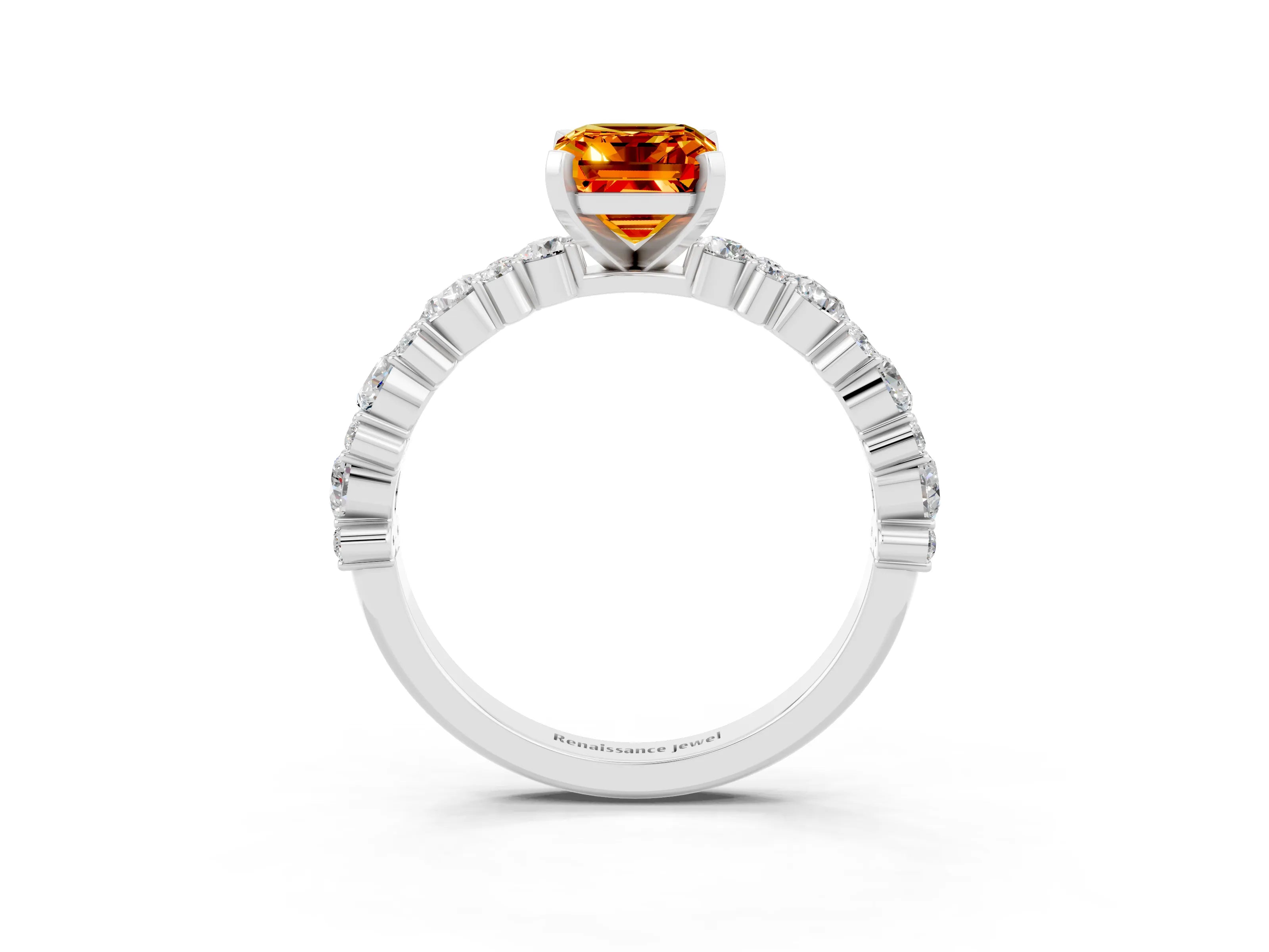 White gold Emerald Cut Citrine Solitaire with Side Stones, Pave Band, Four-Prong Setting_51