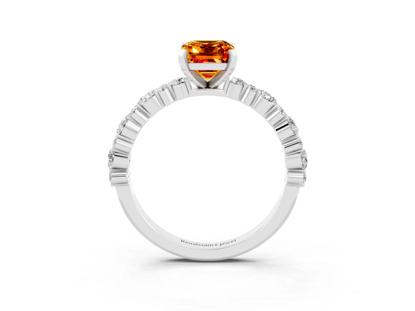 Platinum Emerald Cut Citrine Side Stone Solitaire Ring with Round  and Four-Prong Setting