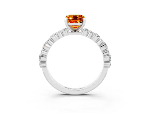 White gold Emerald Cut Citrine Solitaire with Side Stones, Pave Band, Four-Prong Setting_51