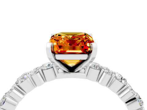 White gold Emerald Cut Citrine Solitaire with Side Stones, Pave Band, Four-Prong Setting_52