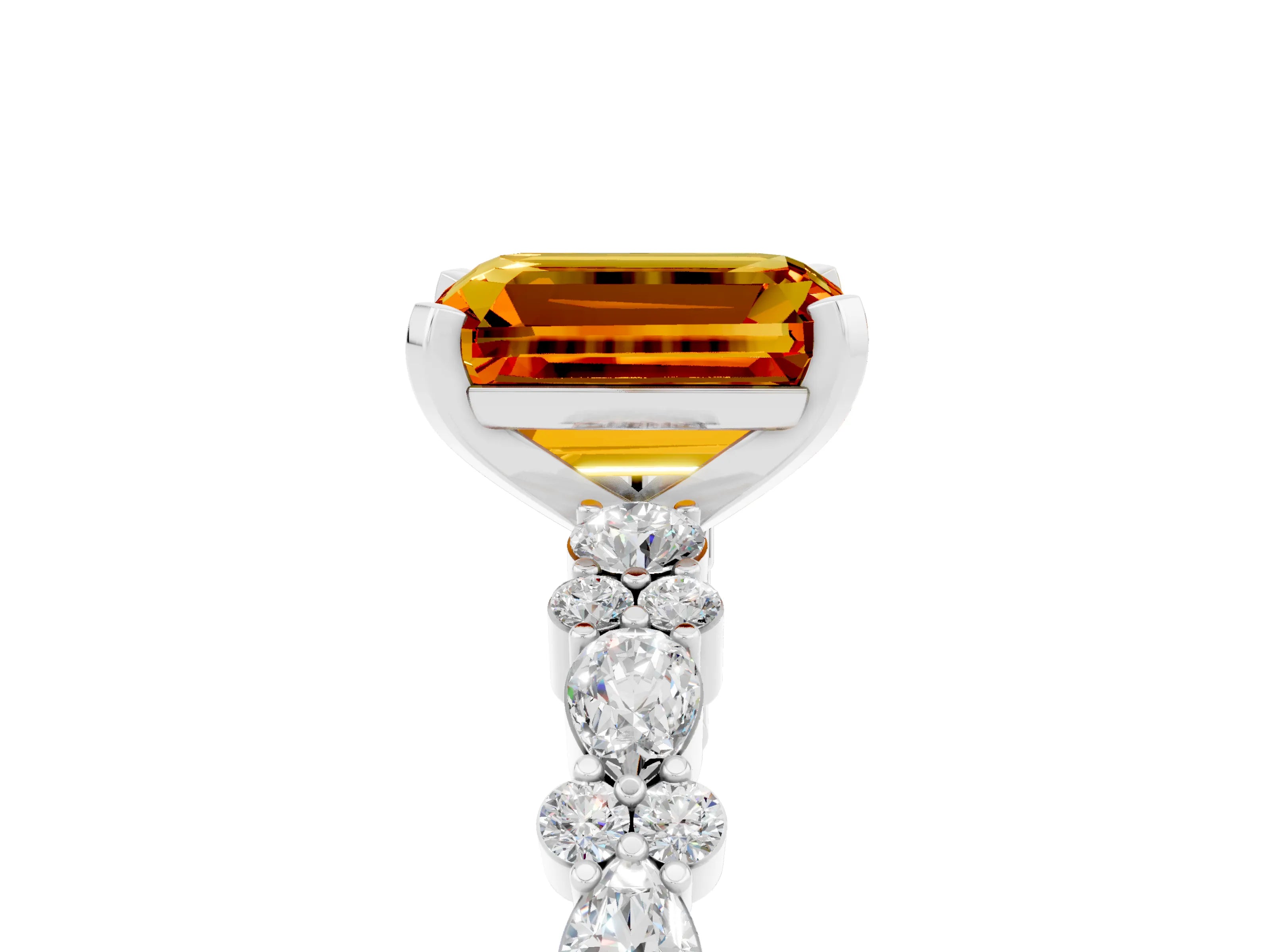 White gold Emerald Cut Citrine Solitaire with Side Stones, Pave Band, Four-Prong Setting_53
