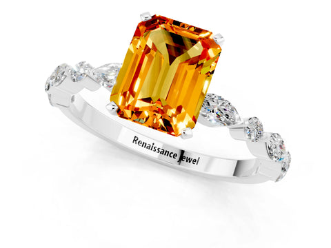 White gold Emerald Cut Citrine Solitaire with Side Stones on a Pavé Band and Four-Prong Setting_1