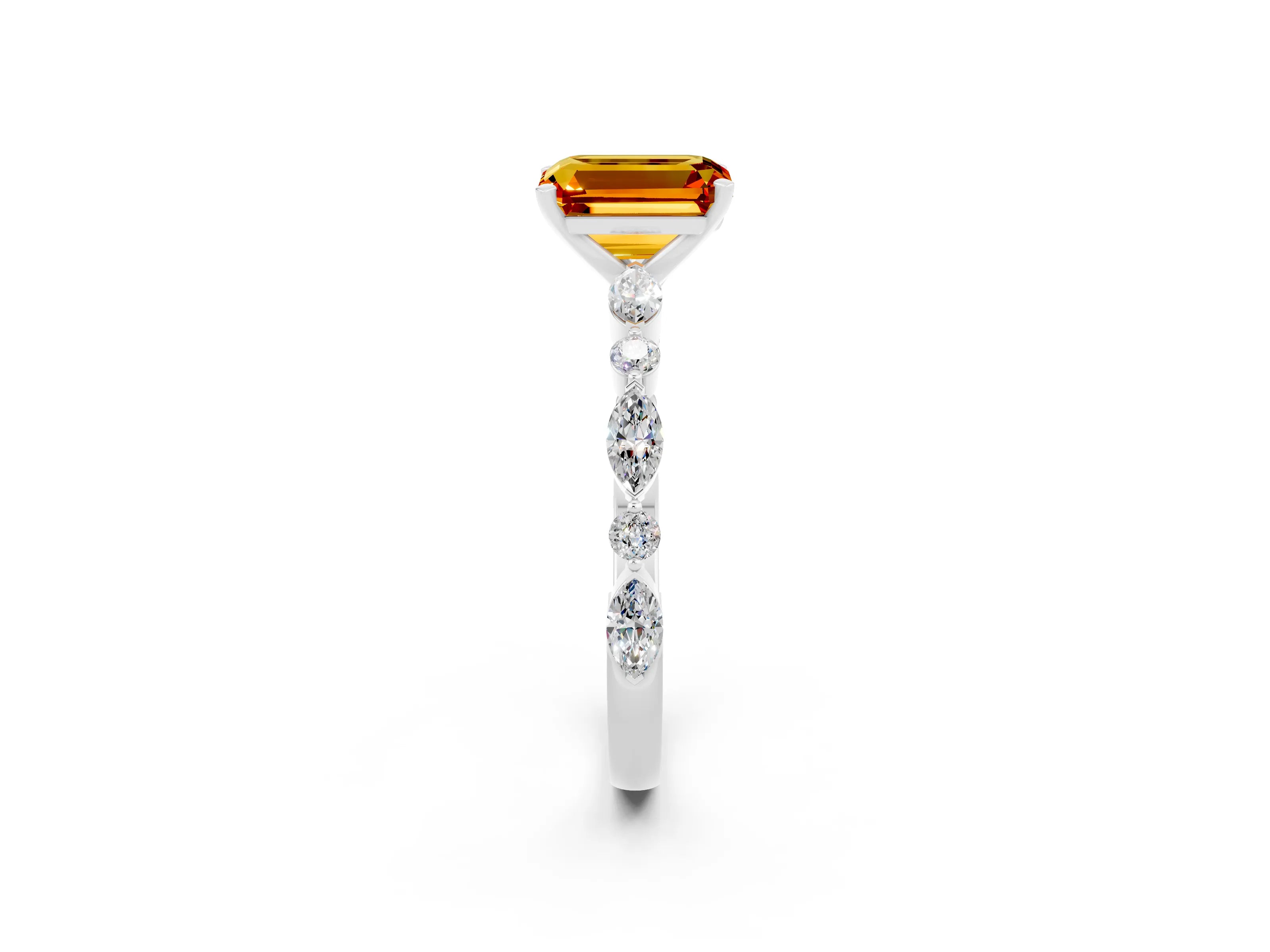 White gold Emerald Cut Citrine Solitaire with Side Stones on a Pavé Band and Four-Prong Setting_2