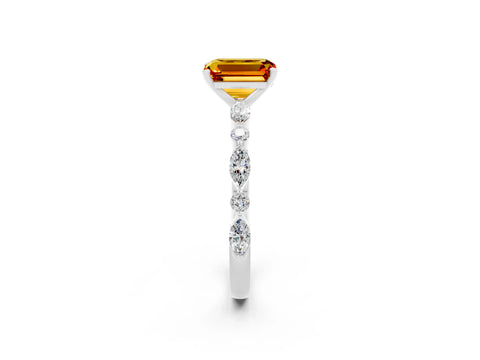 White gold Emerald Cut Citrine Solitaire with Side Stones on a Pavé Band and Four-Prong Setting_2