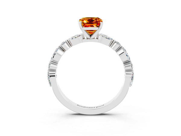 Platinum Emerald Cut Citrine Ring with Marquise and Round  Side Stones and Four-Prong Setting