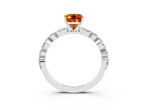 White gold Emerald Cut Citrine Solitaire with Side Stones on a Pavé Band and Four-Prong Setting_3