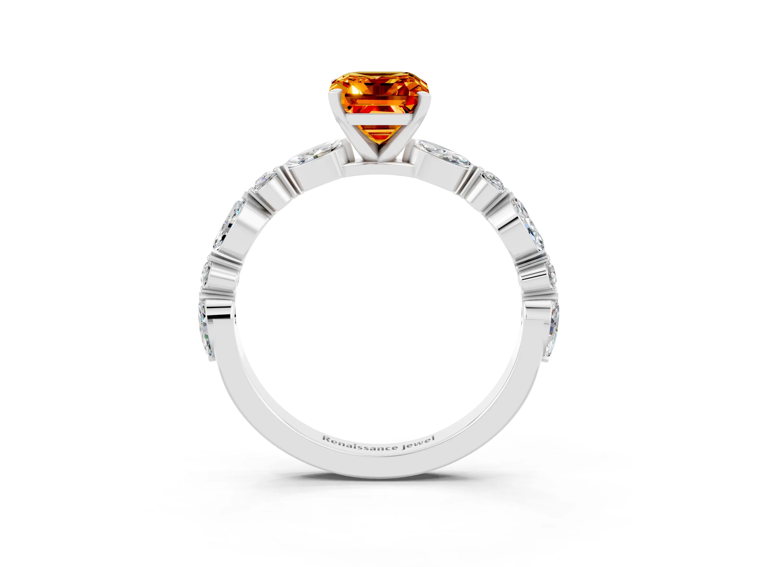 White gold Emerald Cut Citrine Solitaire with Side Stones on a Pavé Band and Four-Prong Setting_3