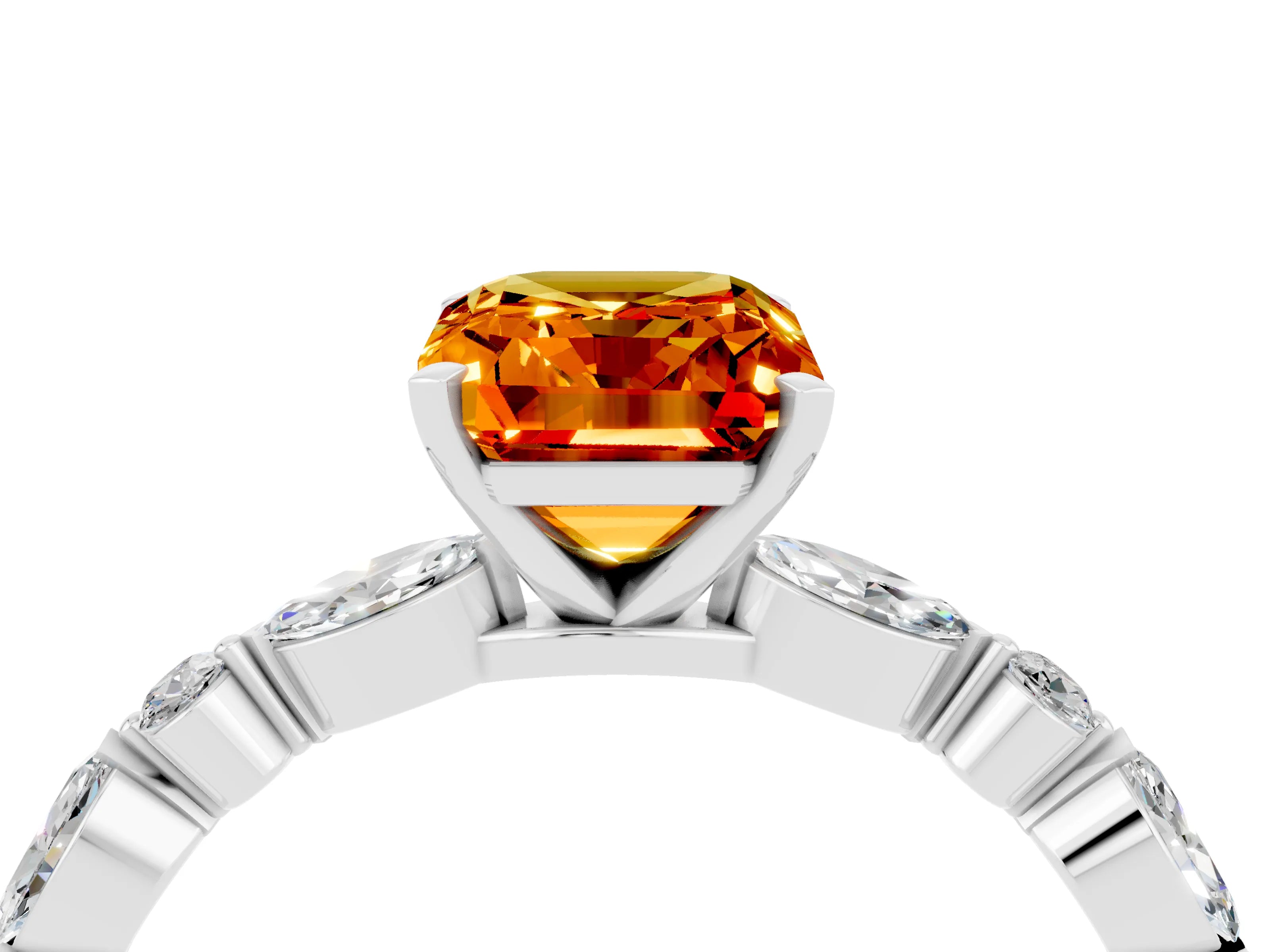White gold Emerald Cut Citrine Solitaire with Side Stones on a Pavé Band and Four-Prong Setting_4