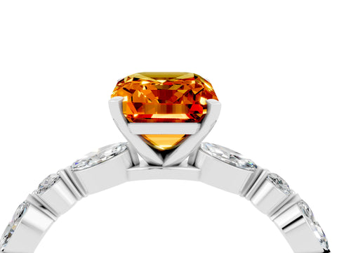White gold Emerald Cut Citrine Solitaire with Side Stones on a Pavé Band and Four-Prong Setting_4