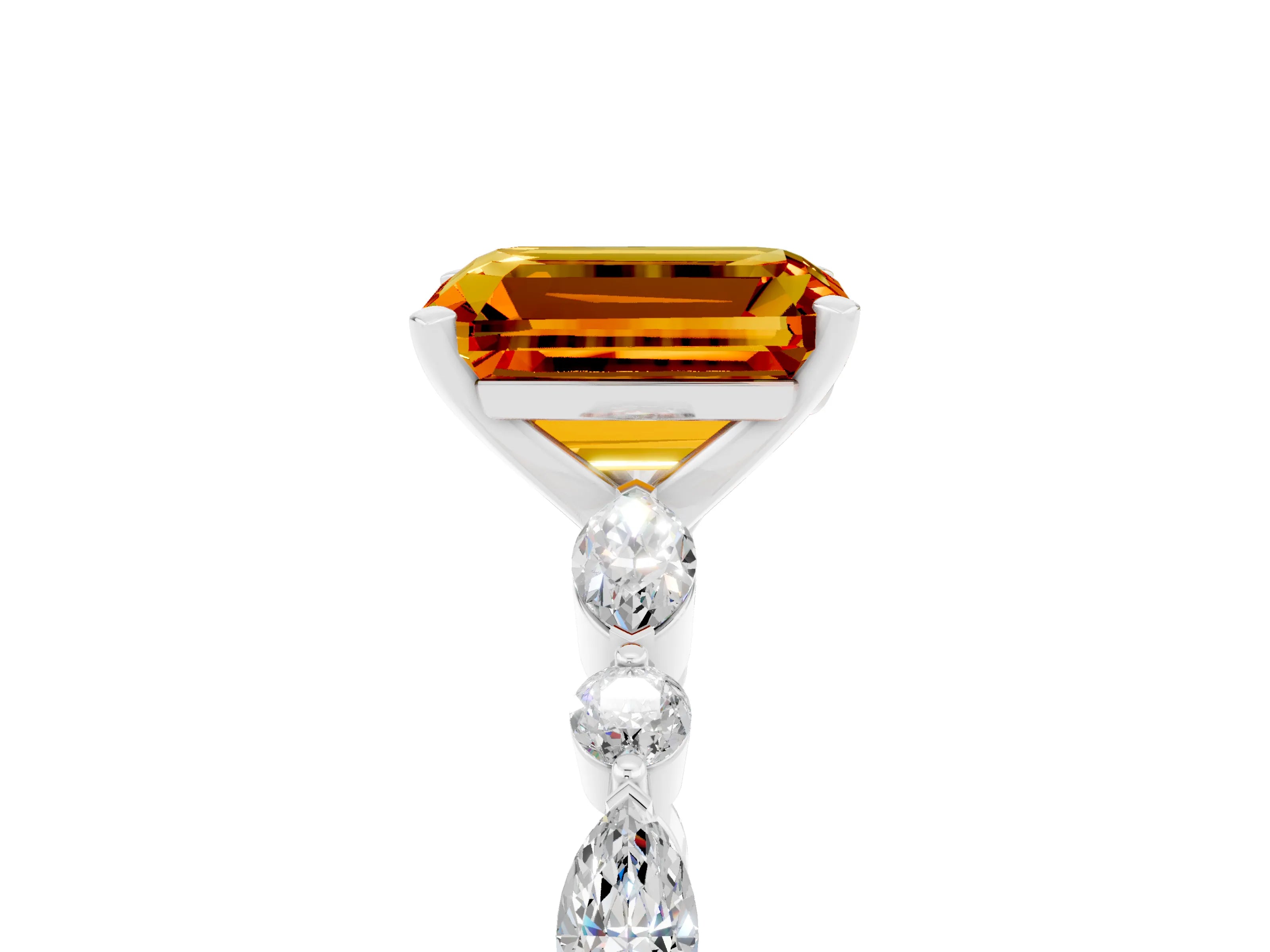 White gold Emerald Cut Citrine Solitaire with Side Stones on a Pavé Band and Four-Prong Setting_5