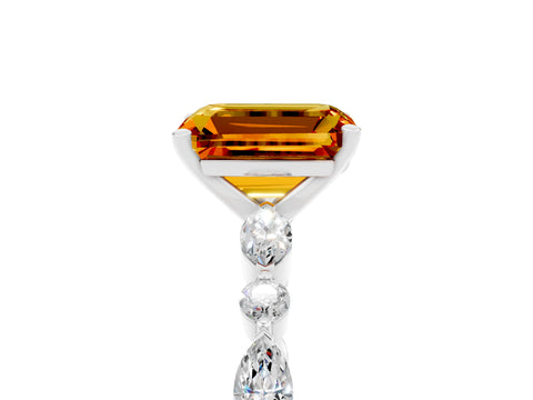White gold Emerald Cut Citrine Solitaire with Side Stones on a Pavé Band and Four-Prong Setting_5
