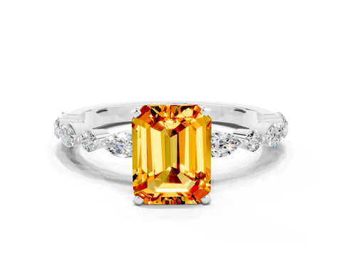 White gold Emerald Cut Citrine Solitaire with Side Stones on a Pavé Band and Four-Prong Setting