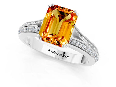 White gold Emerald Cut Citrine Split Shank Engagement Ring with Pavé Band_1
