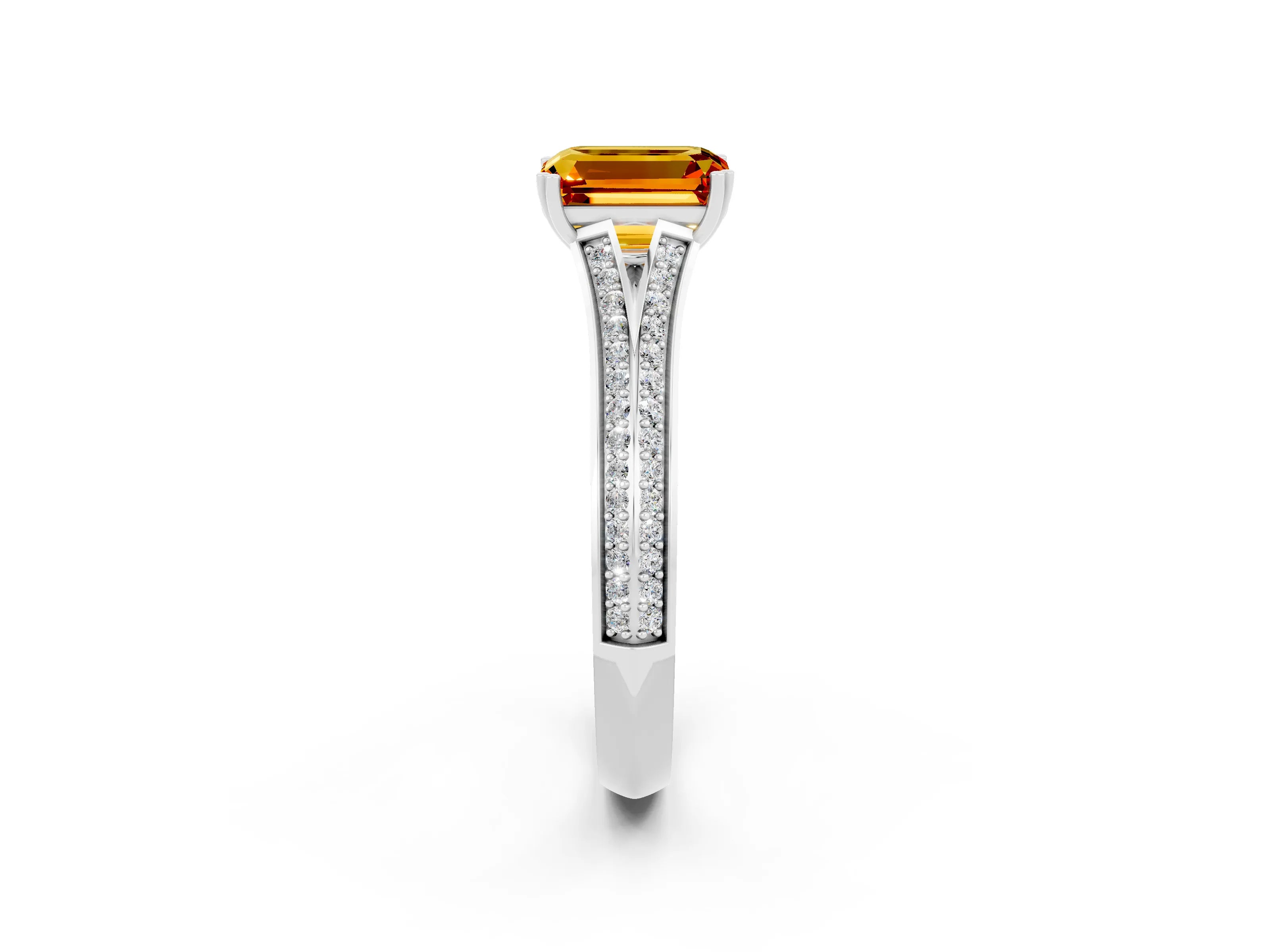 White gold Emerald Cut Citrine Split Shank Engagement Ring with Pavé Band_2