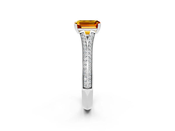 White gold Emerald Cut Citrine Split Shank Engagement Ring with Pavé Band
