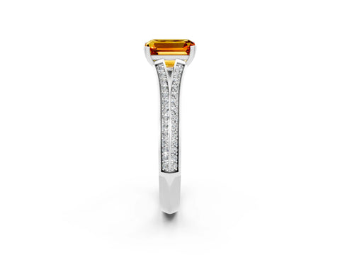 White gold Emerald Cut Citrine Split Shank Engagement Ring with Pavé Band_2