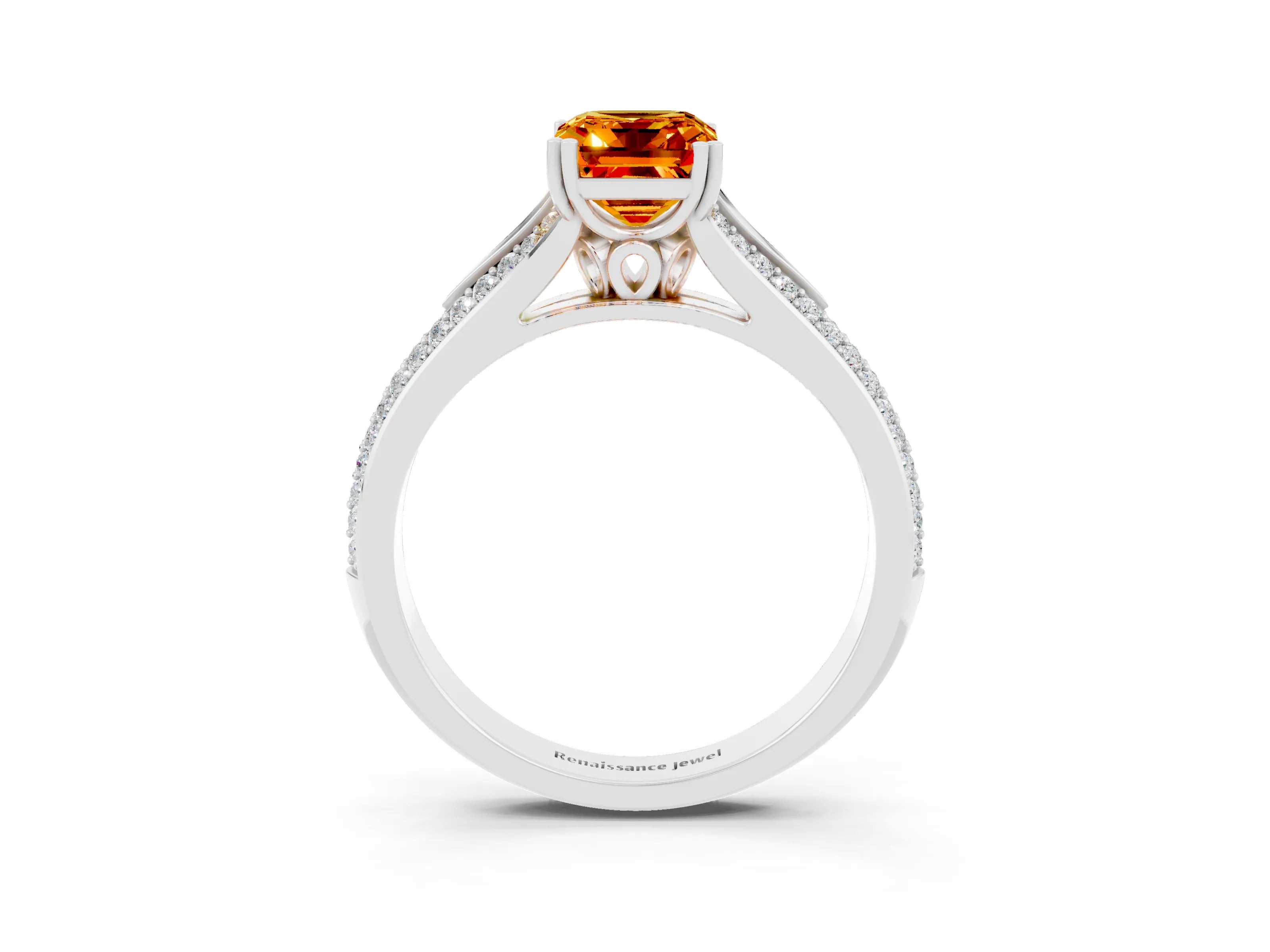 White gold Emerald Cut Citrine Split Shank Engagement Ring with Pavé Band_3