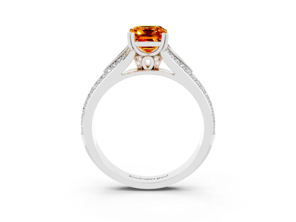 White gold Emerald Cut Citrine Split Shank Engagement Ring with Pavé Band