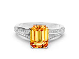 White gold Emerald Cut Citrine Split Shank Engagement Ring with Pavé Band