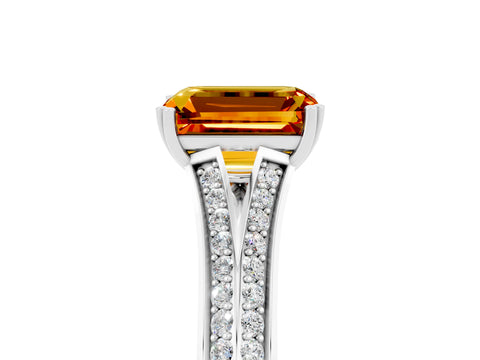 White gold Emerald Cut Citrine Split Shank Engagement Ring with Pavé Band_5