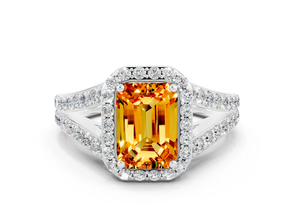Platinum Emerald Cut Citrine Split Shank Halo Ring with Four-Prong Setting