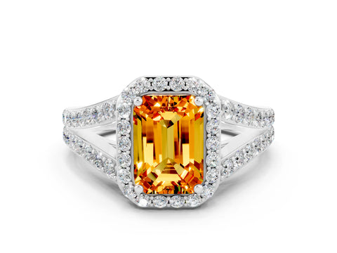 White gold Emerald Cut Citrine Split Shank Halo Ring with Four-Prong Setting_12