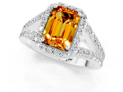 White gold Emerald Cut Citrine Split Shank Halo Ring with Four-Prong Setting_13