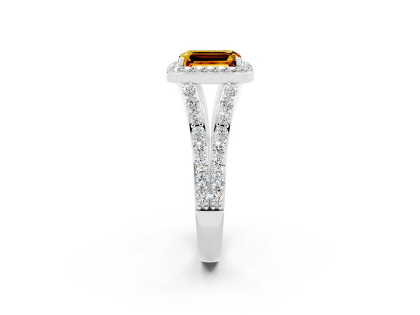 Platinum Emerald Cut Citrine Split Shank Halo Ring with Four-Prong Setting